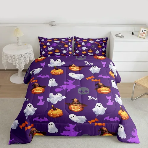 Miniatura 27 de Juego de edredón rosa con temática de Halloween, tamaño individual, edredón de farol de calabaza para adolescentes, juego de ropa de cama de Multi