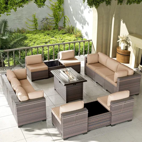 Miniatura 52 de Kullavik Juego de 13 muebles de patio al aire libre con mesa de fogata de gas propano de 43 pulgadas, 55000 BTU, mimbre de polietileno, sofá Arena