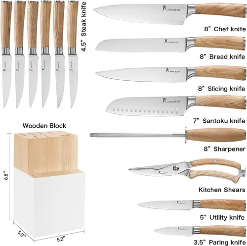 Miniatura 3 de Kangdelun Juego de 15 cuchillos y 4 cuchillos de chef, con caja de regalo, acero inoxidable de alto carbono ultra afilado, mango de madera