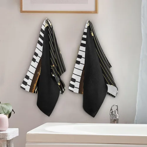 Miniatura 3 de Juego de 2 toallas de mano con notas musicales doradas para baño, piano blanco y negro, toallas de cocina decorativas absorbentes de microfibra