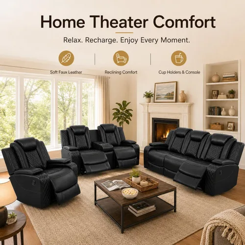 Miniatura 4 de Juego de sofá de cuero reclinable eléctrico, 3 piezas, asientos de cine en casa con luces LED, carga inalámbrica, puertos USB, consola de Negro