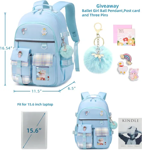 Miniatura 9 de Mochila para Niñas de 15.6 Pulgadas para Laptop, Bolsa Escolar para Niños de Primaria y Universidad, Mochilas y Bolsas de Libros para Niñas, Azul