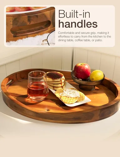 Miniatura 3 de TIDITA Bandeja de servir ovalada de madera de acacia con asas - 16.5" x 13" Bandeja otomana de mesa ovalada de madera - Bandeja de servir redonda