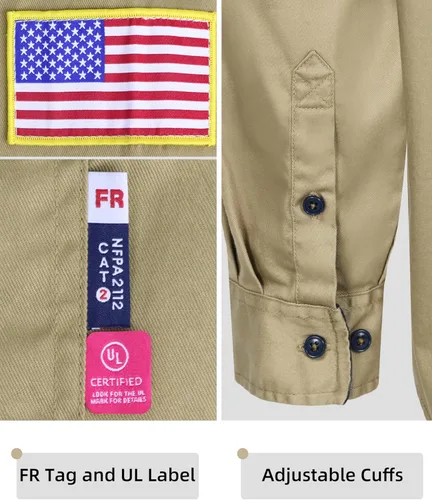 Miniatura 4 de BOCOMAL Camisas FR para hombre, resistentes al fuego, peso ligero, NFPA2112, camisa de soldadura ignífuga, acabado repelente al agua y al aceite