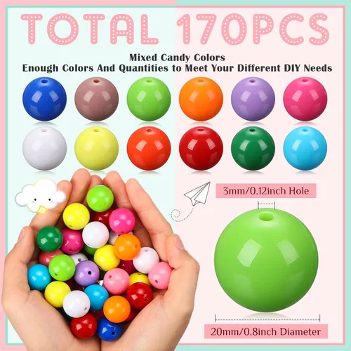 Miniatura 2 de Huquary 170 cuentas redondas de goma de mascar de 0.787 pulgadas (0.787 in), cuentas gruesas acrílicas de colores mixtos, cuentas opacas con agujero
