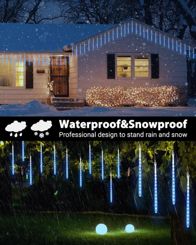 Miniatura 2 de iBaycon Luces de lluvia de meteoritos, carámbanos en cascada o gotas de lluvia, impermeables, de exteriores, conectables, temporizador, decoración