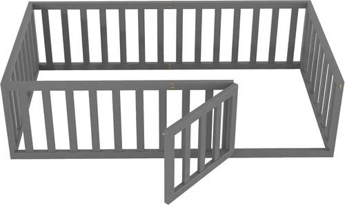 Miniatura 7 de Bellemave Montessori - Cama de suelo para niños, marco de cama de tamaño individual con barandillas en forma de valla y puerta, cama individual