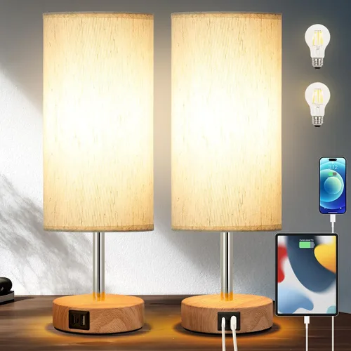 Miniatura 9 de Yarra-Decor Lámparas de noche con puerto USB, lámpara de mesa con control táctil para dormitorio, de madera, de 3 vías, regulable, juego de 2
