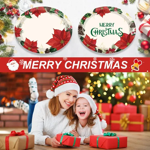Miniatura 3 de 50 PCS Platos de Papel Ovalados de Navidad Grandes de 11" Desechables Tema de Flor de Pascua Decoraciones de Fiesta Suministros Florales de Invierno