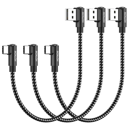 Miniatura 8 de Cable USB C corto de ángulo recto de 0.5 pies, paquete de 3 cables de carga USB C de 6 pulgadas, cable de carga rápida trenzado de nailon