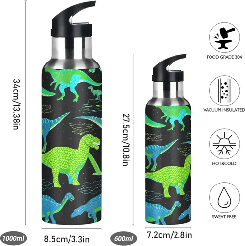 Miniatura 2 de BPA-Free Sport Water Bottle Insulated 20 Oz, Stainless Steel Water Bottle for Gym Outdoor Travel School, Dinosaurs Green Blue Black
