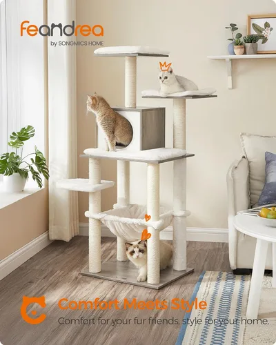 Miniatura 2 de Feandrea Árbol para gatos, torre moderna para gatos de 56.3 pulgadas, condominio de felpa de varios niveles con postes rascadores, hamaca, cojín