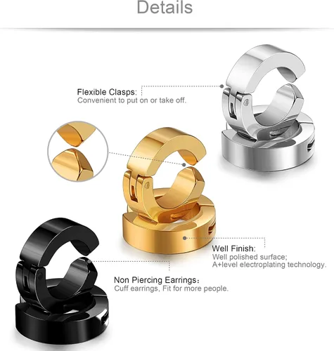 Miniatura 5 de Jstyle 3 pares de aretes de aro de acero inoxidable para hombre y mujer, sin perforación