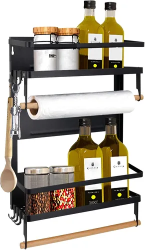 Jolitac Estante magnético para especias para refrigerador, organizador de ahorro de espacio, estante negro en el refrigerador, soporte para toallas