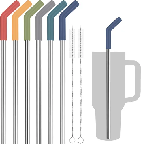 Miniatura 11 de Tomorotec Pajitas de 40 onzas, popote de acero inoxidable de 13 pulgadas con punta extensora de silicona para vaso Stanley Adventure Quencher