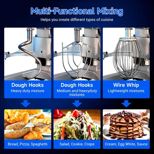 Miniatura 4 de 10Qt Mezclador de alimentos comercial con función de temporización, mezclador de pie industrial de 500W de 3 velocidades ajustables y cuenco