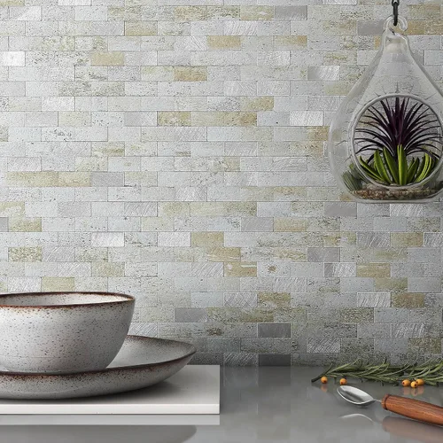 Miniatura 9 de VAOVI Adhesivo de pared de ladrillo con aspecto de mármol para despegar y pegar, azulejos de mosaico en muro de cocina y baño (5 hojas, mezcla beige)