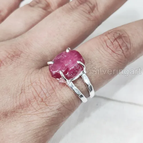 Miniatura 4 de AAA Natural Ruby Ring, Rough Ruby Gemstone Ring, July Birthstone, 2 Hammered Band, 925 Sterling Silver, Womens Ring, Christmas, Thanksgiving