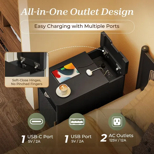 Miniatura 4 de Huuger Mesa auxiliar estrecha con estación de carga, puerto USB-C, mesita de noche acanalada con gabinete de almacenamiento, estante trasero, mesa