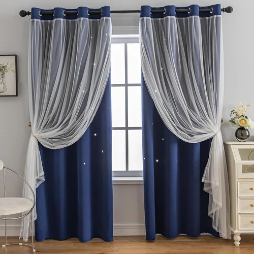Miniatura 26 de Anytime - Cortinas románticas para niños, cortina de ventana con estrellas recortadas, cortinas opacas de doble capa para dormitorio de niñas, Azul