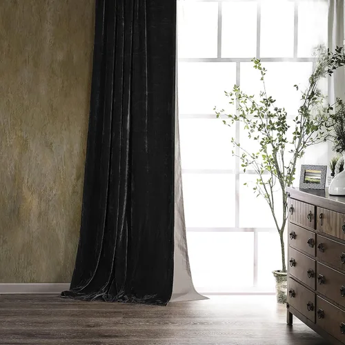 Cortinas de terciopelo de seda sintética HiEnd Accents Stella, cortinas con bolsillo para barra, 48x108 pulgadas, negras, estilo romántico