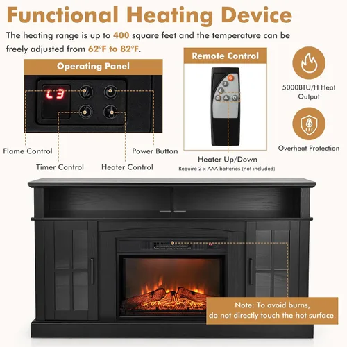Miniatura 5 de GOFLAME Soporte de TV de 58 pulgadas con inserto de chimenea eléctrica, centro de entretenimiento con chimenea con armarios laterales y estantes