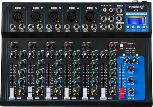 Depusheng HT7 Mezclador de audio Bluetooth portátil con USB, consola de mezcla de sonido para DJ, entrada MP3, alimentación de 48 V para grabación