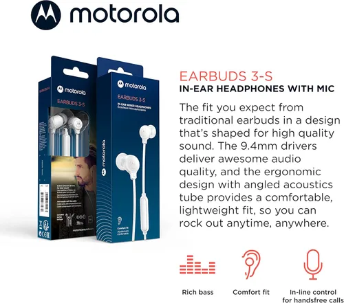 Miniatura 2 de Motorola Earbuds 3-S - Auriculares con cable con micrófono, auriculares intrauditivos con cable, cómodos auriculares de silicona ligeros, cable