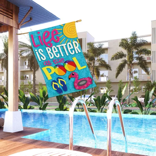 Miniatura 3 de Balgardekor Bandera de jardín Life is Better at the Pool de 28 x 40 pulgadas, bandera de casa grande vertical de doble cara de arpillera de verano