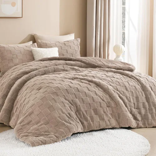 Miniatura 19 de Litanika - Juego de edredón esponjoso tamaño individual color beige, 3 piezas, ropa de cama de sherpa de felpa cálida para invierno, juego de cama