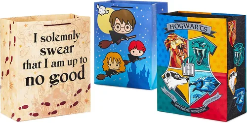 Hallmark Paquete de bolsa de regalo grande de Harry Potter de 13 pulgadas (3 bolsas: escudo de Hogwarts, mapa de merodeador, Harry, Ron y Hermione)