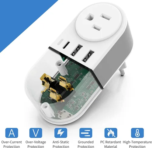 Miniatura 5 de Adaptador de enchufe de viaje europeo para Europa y Reino Unido, enchufe de alimentación internacional con 2 tomas de corriente alterna y 3 puertos