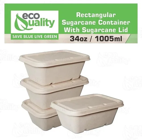 Miniatura 3 de EcoQuality Cuencos desechables de 34 onzas con tapas de fibra, cuencos rectangulares de papel biodegradable de fibra de caña de azúcar compostable