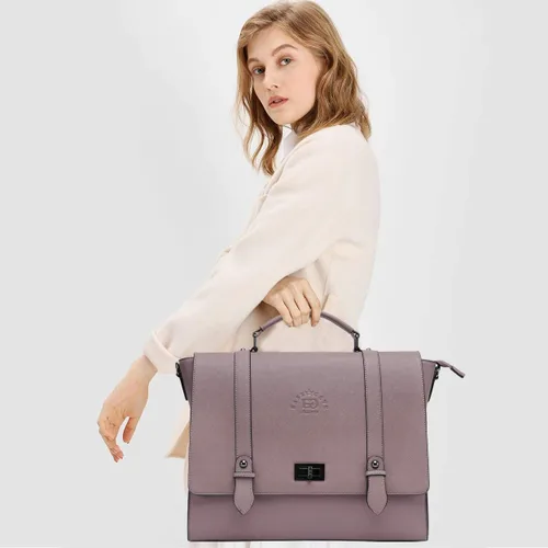 Miniatura 2 de Maletín para laptop de 15.6 pulgadas para mujer, piel ecológica saffiano morado vintage, 4 compartimentos grandes, 2 bolsillos deslizantes, 1