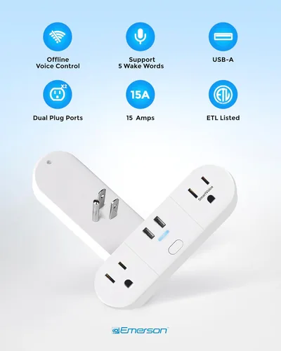 Miniatura 7 de Emerson SmartVoice - Enchufe de pared 4 en 1, tomacorriente inteligente controlado por voz con 2 salidas de CA y 2 puertos USB-A, sin WiFi, sin