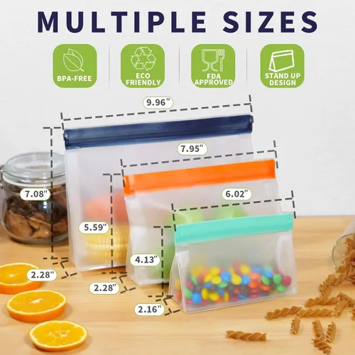 Miniatura 2 de Meetall Paquete de 9 bolsas reutilizables para almacenamiento de alimentos, 3 tamaños mezclados. Bolsas de tamaño de 3 galones para carnes, pescado