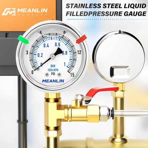 Miniatura 39 de MEANLIN MEASURE Medidor de presión de acero inoxidable relleno de líquido de 0 ~ 300 psi, esfera de cara NPT de 2 pulgadas para compresor de aire