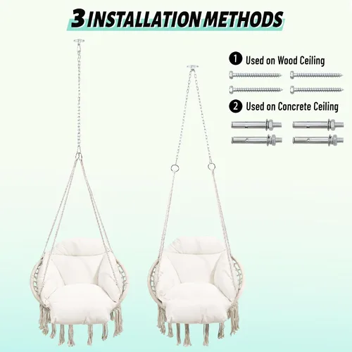 Miniatura 5 de KROFEM Hamaca Silla Colgante Oscilante de Macramé con Cojín de Gran Tamaño, Perfecta para Dormitorio, Porche, Niños, Adultos, Balcón, Beige