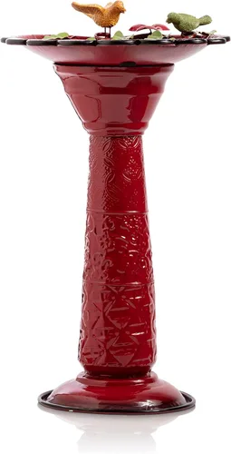 Miniatura 8 de Alpine Corporation - Baño de pájaros de metal para exterior de 28" de alto con estatua de jardín de ardillas y hojas, rojo – Impresionante acento