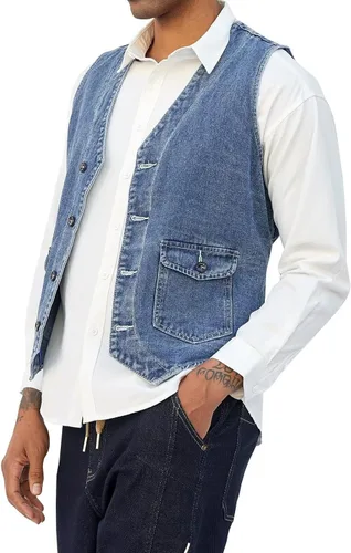 Miniatura 7 de LONGBIDA Chaleco de mezclilla para hombre, casual, ajustado, sin mangas, para exteriores