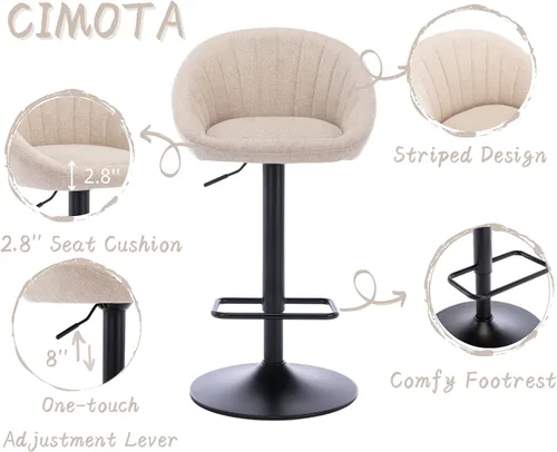 Miniatura 3 de CIMOTA Juego de 2 taburetes de bar ajustables giratorios modernos, sillas de bar con respaldo para comedor, isla de cocina, bar en casa, altura
