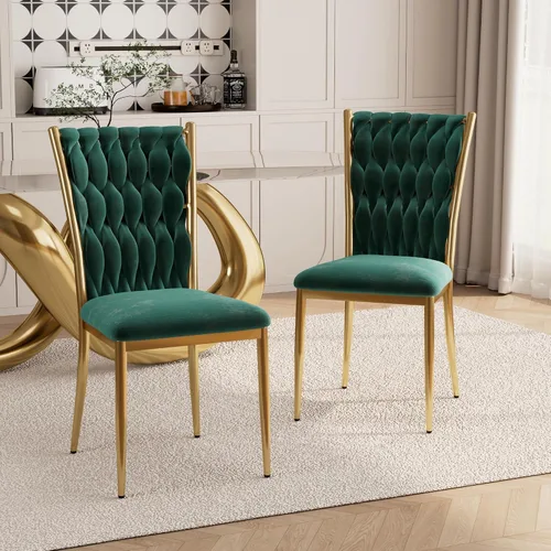 Miniatura 16 de Juego de 2 sillas de comedor de terciopelo, modernas sillas de cocina tejidas con patas de metal dorado, cojín tapizado con respaldo alto