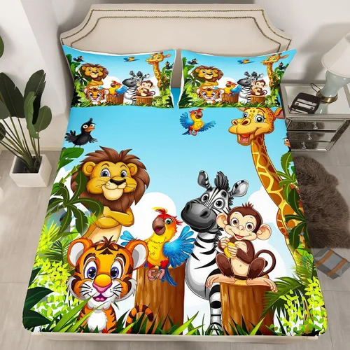 Juego de sábanas bajeras de animales tamaño individual, divertido juego de ropa de cama de dibujos animados para niños y niñas, verde adolescente,