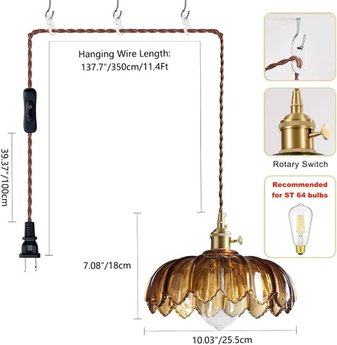 Miniatura 3 de XZHGCEE Lámpara colgante enchufable con luz colgante: lámpara colgante de vidrio ámbar enchufable, cable de lámpara de swag de 14.7 pies con Enchufe