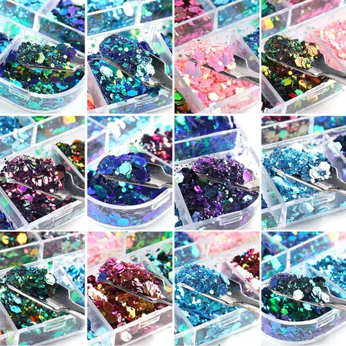 Miniatura 5 de Lentejas de purpurina camaleón para uñas, lentejuelas de arte de uñas holográficas 3D con gradiente láser, polvo de purpurina brillante en gel UV