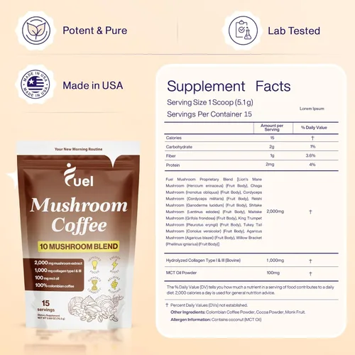 Miniatura 3 de Fuel Nutrition Café instantáneo orgánico con colágeno y hongos, café instantáneo orgánico bajo en cafeína, 15 porciones