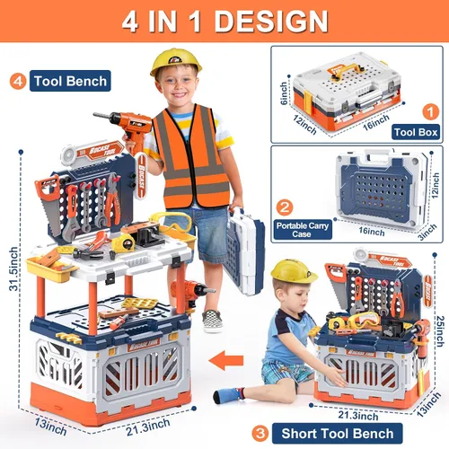 Miniatura 3 de Banco de herramientas para niños, banco de trabajo de juguete con caja de almacenamiento, juego de herramientas para niños 4 en 1 con taladro
