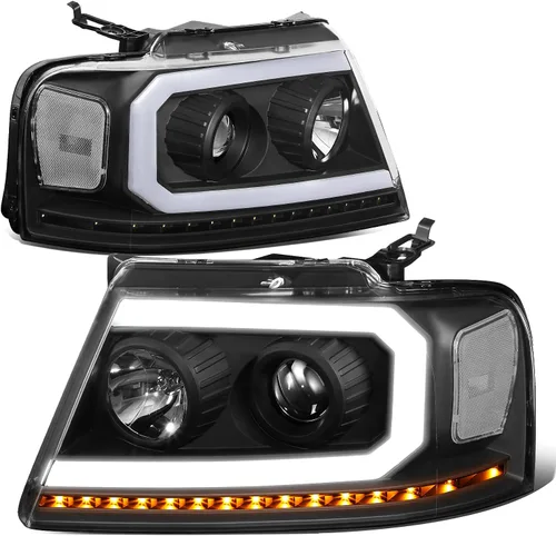 DNA MOTORING HL-HPL-F15004-BK-CL1 - Faros delanteros negros de repuesto para 04-08 F-150 06-08 Mark LT secuencial persecución ámbar LED señal de giro
