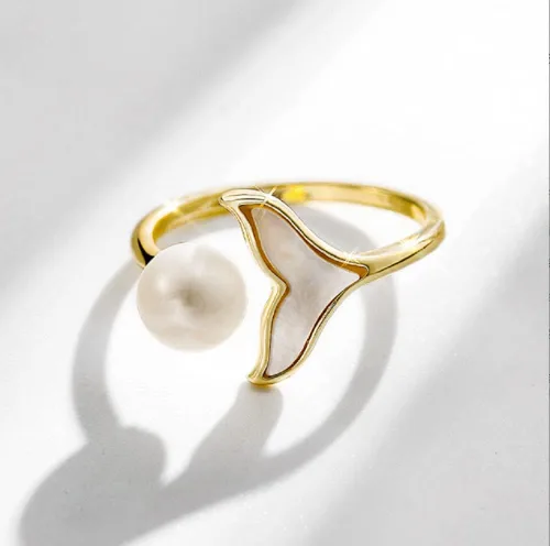 Miniatura 8 de Detalle Anillo de cola de sirena de ballena de la suerte de oro de 18 quilates 4A Embalaje de concha real Abierto Ajustable BlancoRosaRosa Púrpura