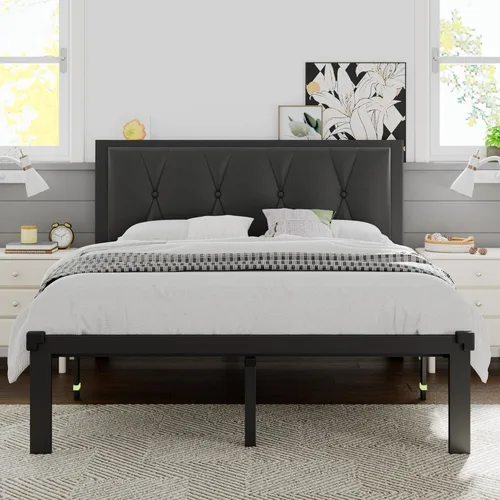 Miniatura 8 de Einhomn - Base de cama de tamaño completo de metal, cama de plataforma con cabecera tapizada con botones, 30 cm de almacenamiento debajo de la cama